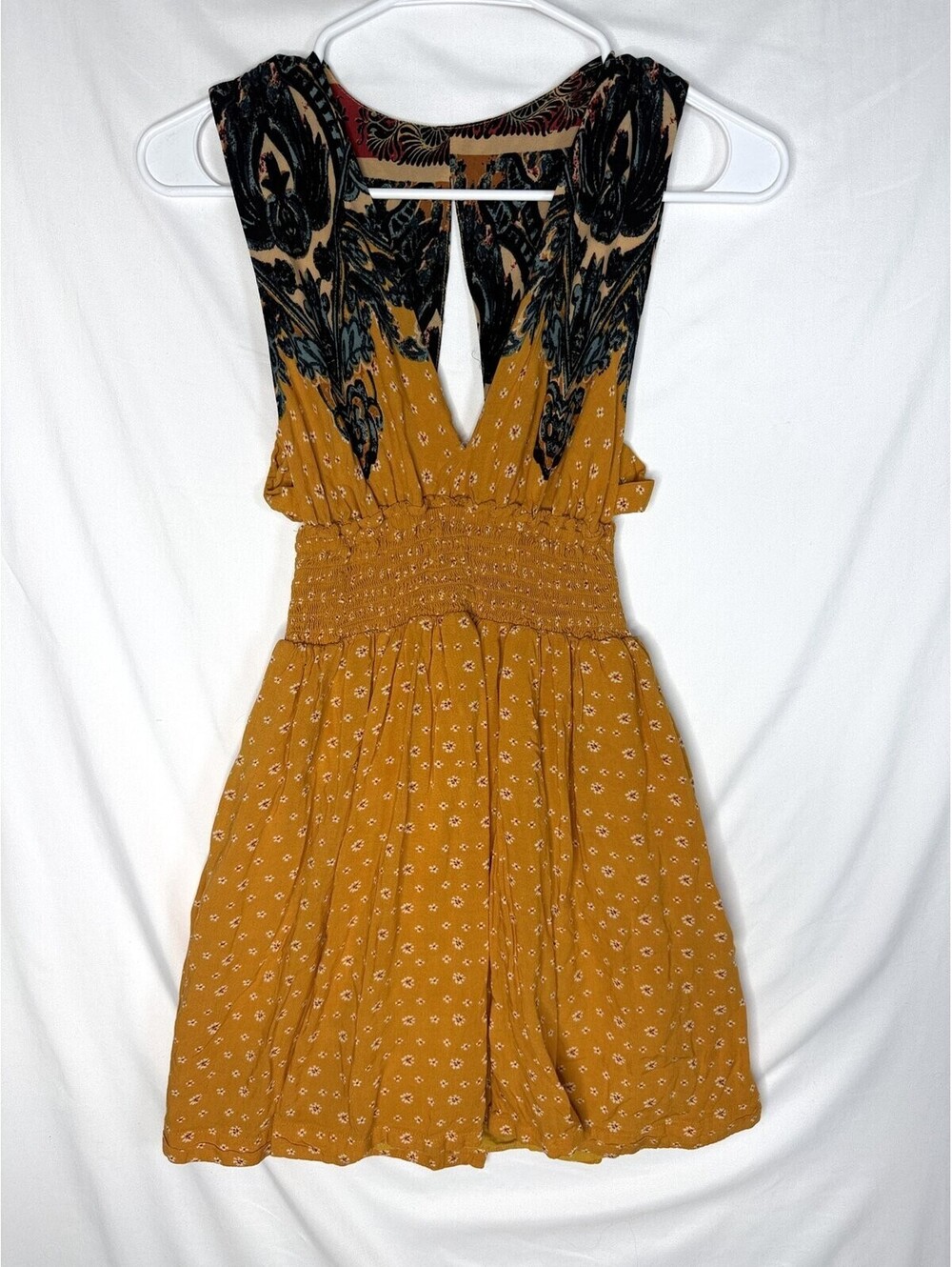 Free People XS Mustard Floral Paisley Smocked Waist Open Back Boho Top